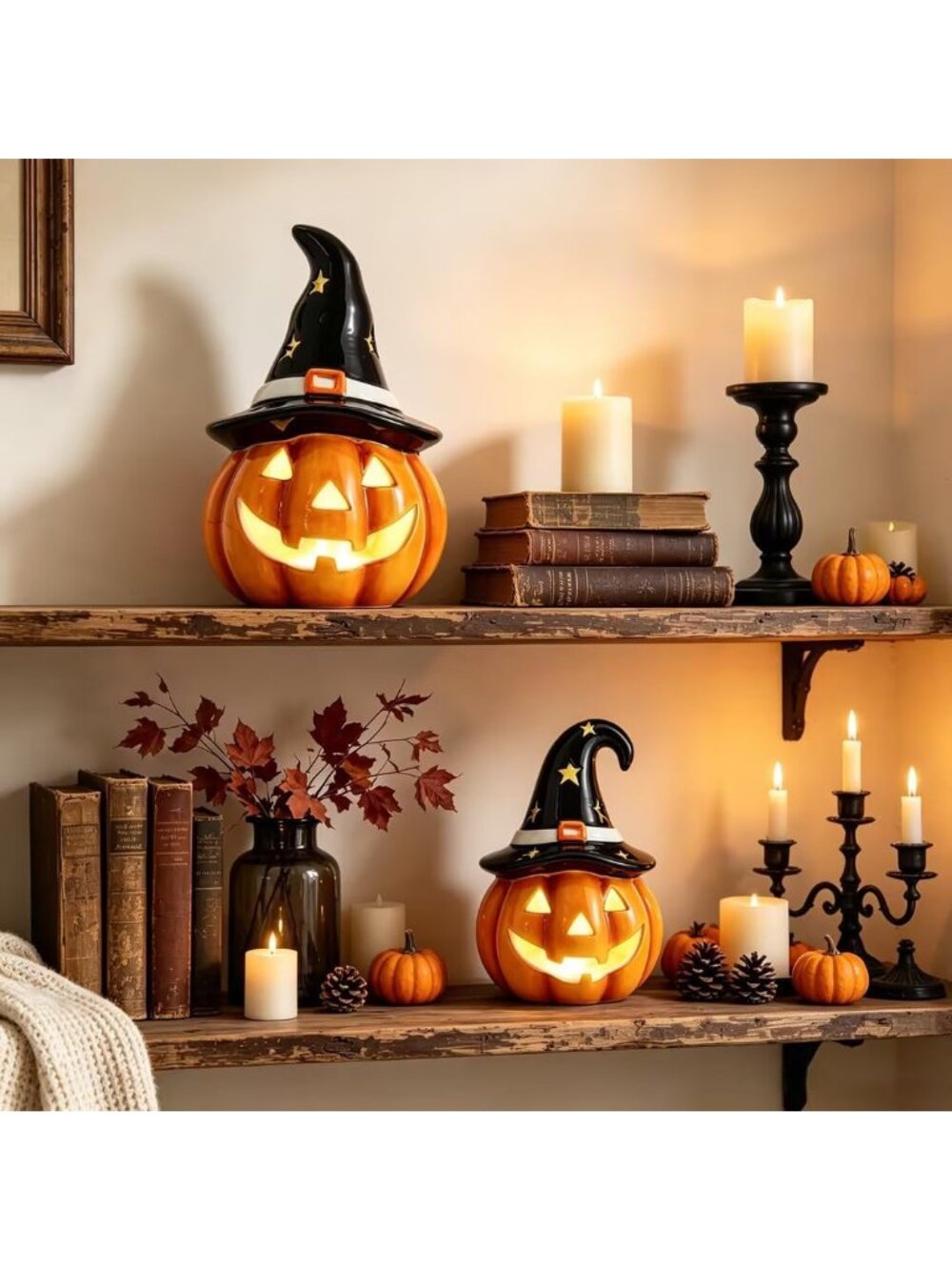 New Halloween Pumpkin Lights Ceramic Jack O Lantern LED Table Decor 2PCS - Picture 2 of 6